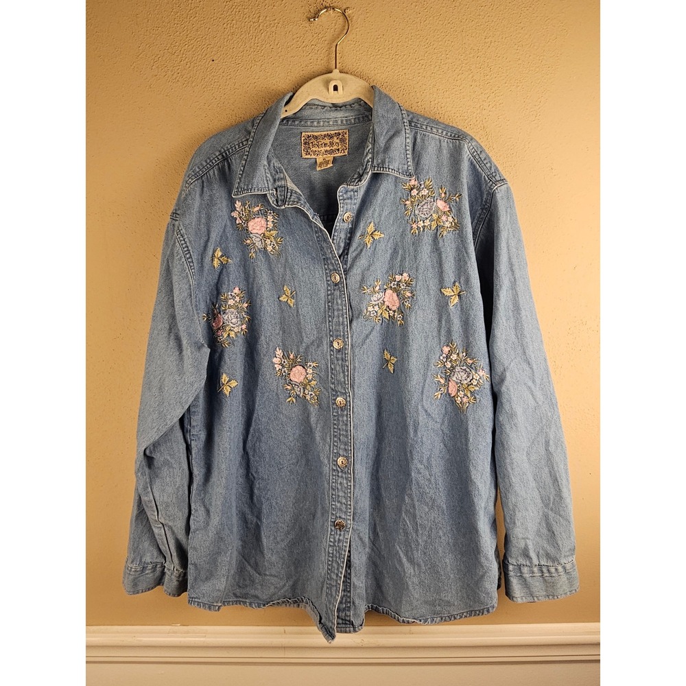 Vintage Tantrums Blue Embroidered Floral Denim Long Sleeve Button Down Shirt XL